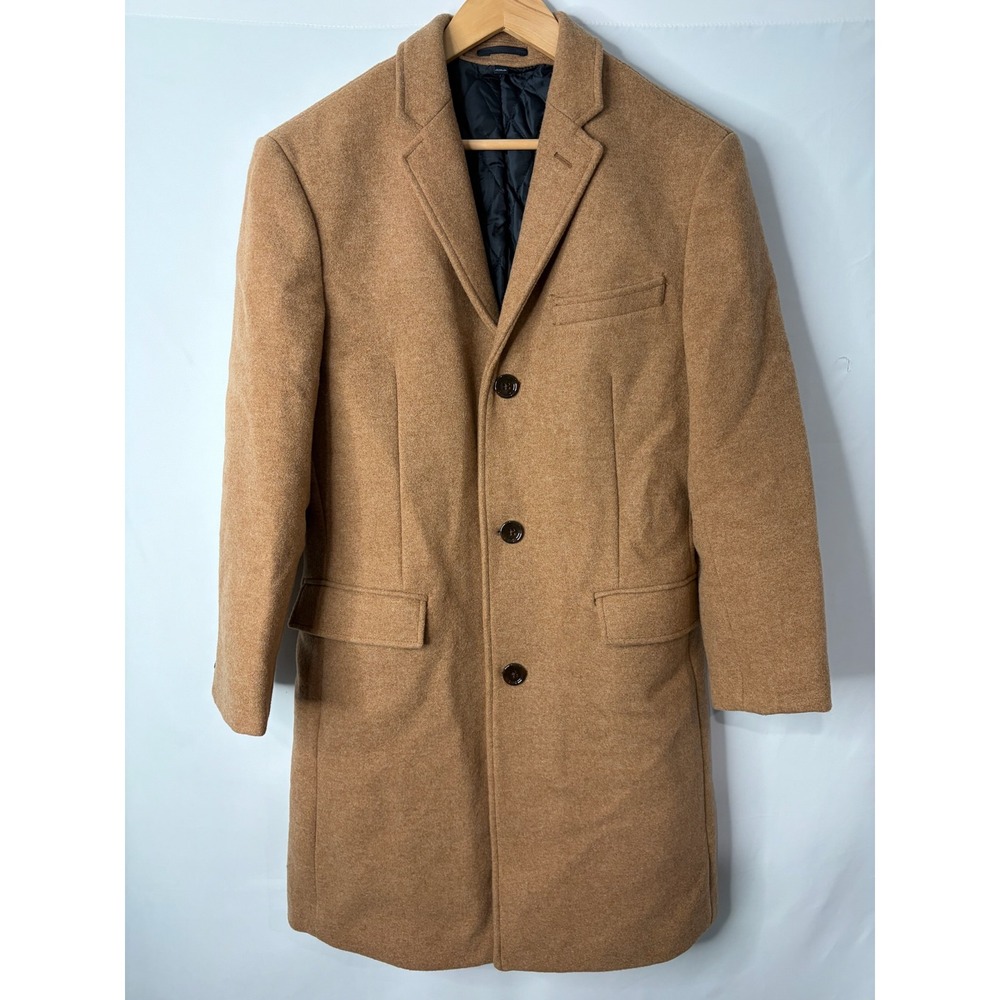 J Crew Thompson Overcoat Mens 38 Camel Tan Wool Blend Quilted Lining Topcoat